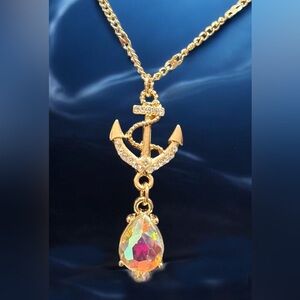 Striking Gold Anchor Pendant Necklace With Multicolored Crystal Accents. NWT